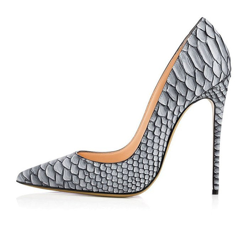 Stylish snakeskin pattern bridal high heels with a pointed toe and stiletto design