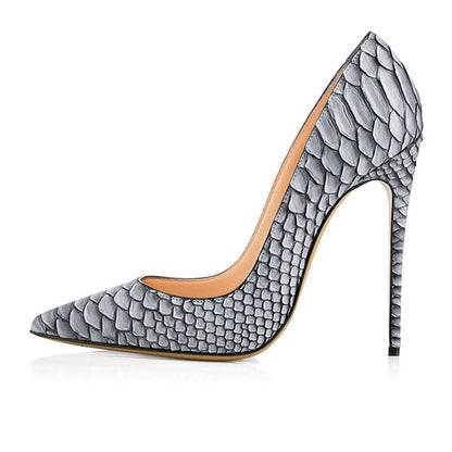 Stylish snakeskin pattern bridal high heels with a pointed toe and stiletto design