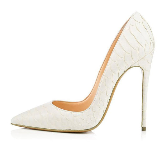 Elegant snakeskin pattern bridal high heels in white with a sleek pointed toe design
