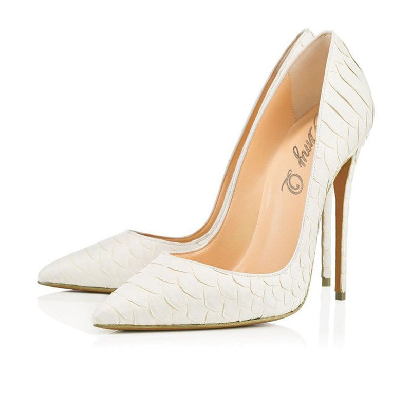 Elegant snakeskin pattern bridal high heels with a pointed toe and sleek silhouette