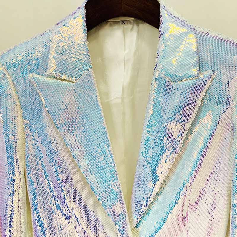 Stylish sparkly blazer and shorts set with iridescent sequins for a glamorous look