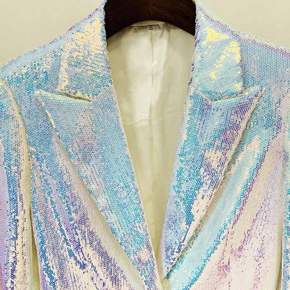 Stylish sparkly blazer and shorts set with iridescent sequins for a glamorous look