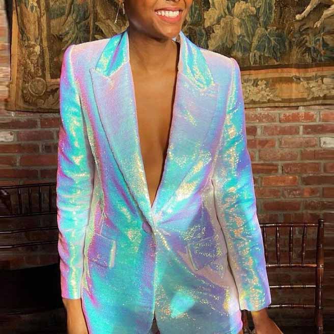 Stylish sparkly blazer and shorts set in shimmering fabric perfect for trendy occasions