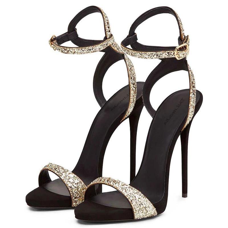 Elegant sparkly prom high heel sandals with gold accents and adjustable ankle straps