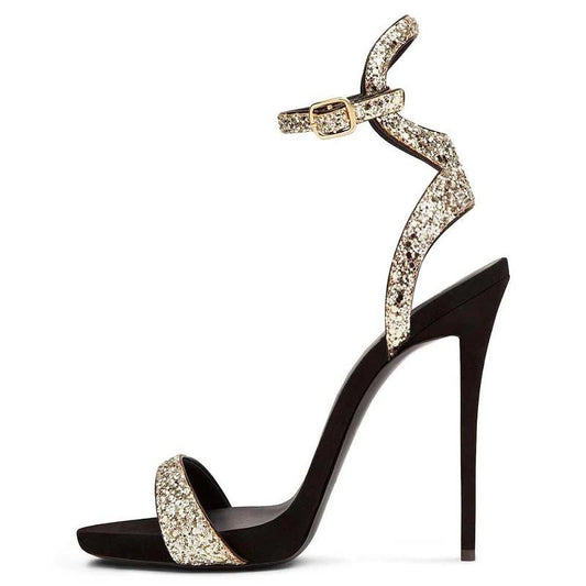 Black sparkly prom high heel sandals with a stylish ankle strap and glittering details