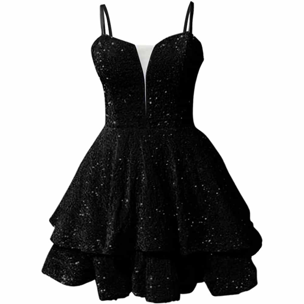 Elegant sparkly short homecoming dress with a flared skirt and adjustable straps