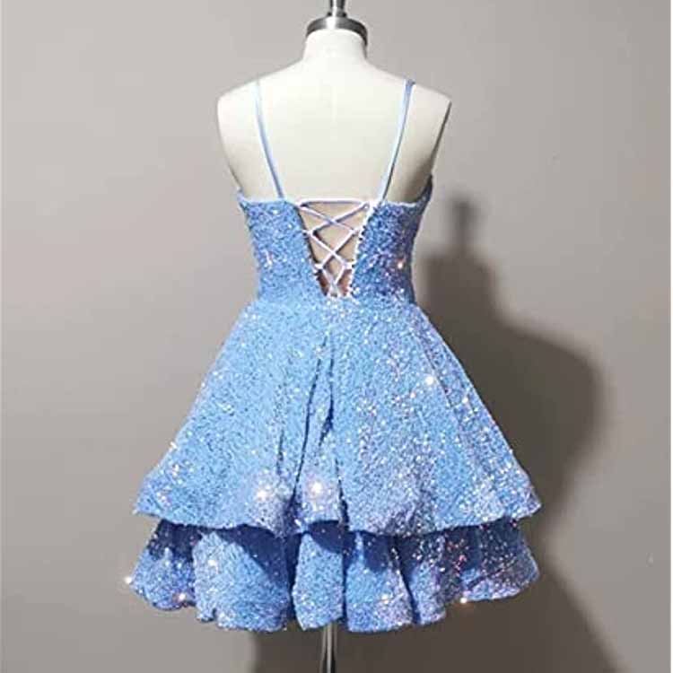 Sparkly short homecoming dress in blue with layered skirt and crisscross back design