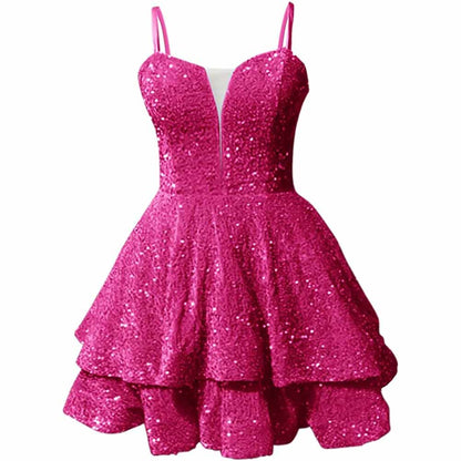 Sparkly short homecoming dress in bright pink with layered skirt and spaghetti straps
