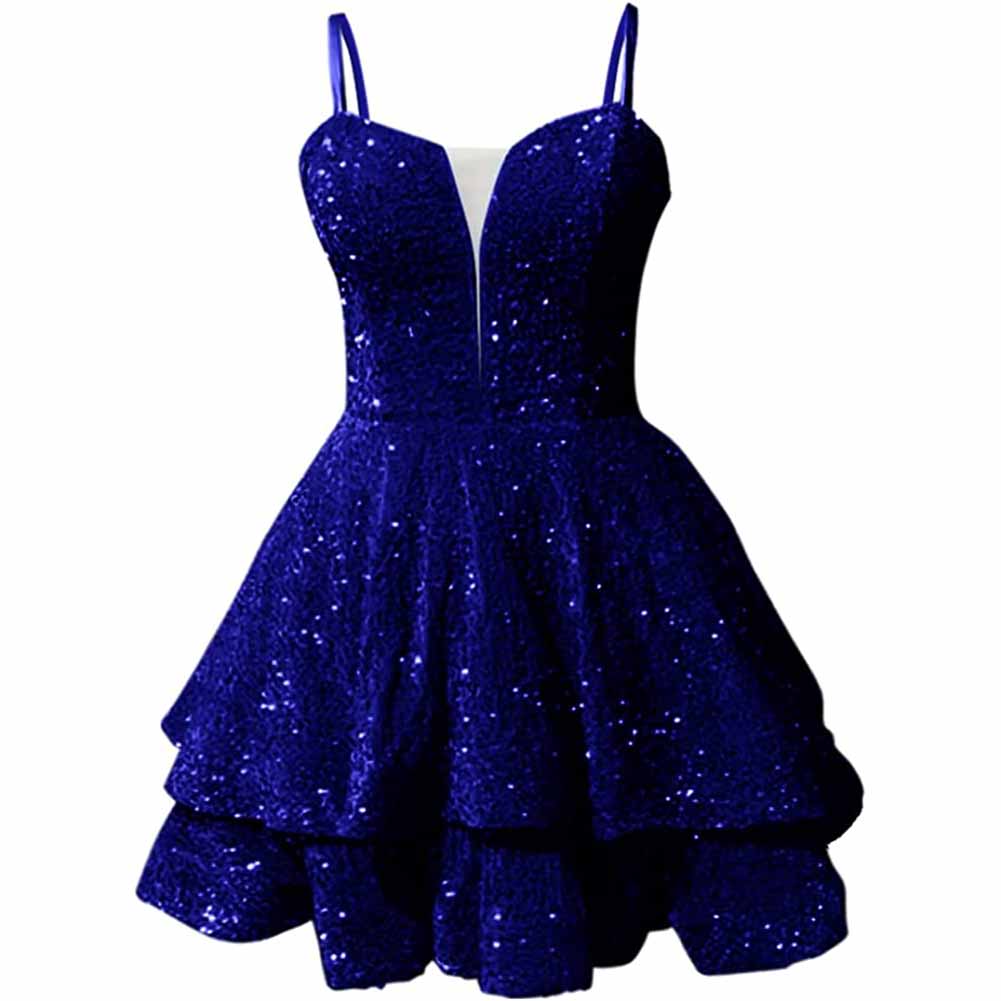 Sparkly short homecoming dress in royal blue with layered skirt and adjustable straps