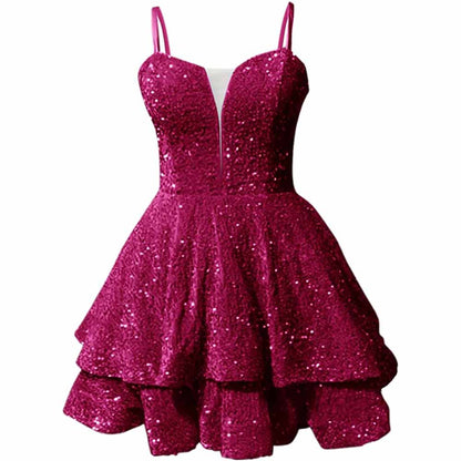 Sparkly short homecoming dress in fuchsia with layered skirt and spaghetti straps