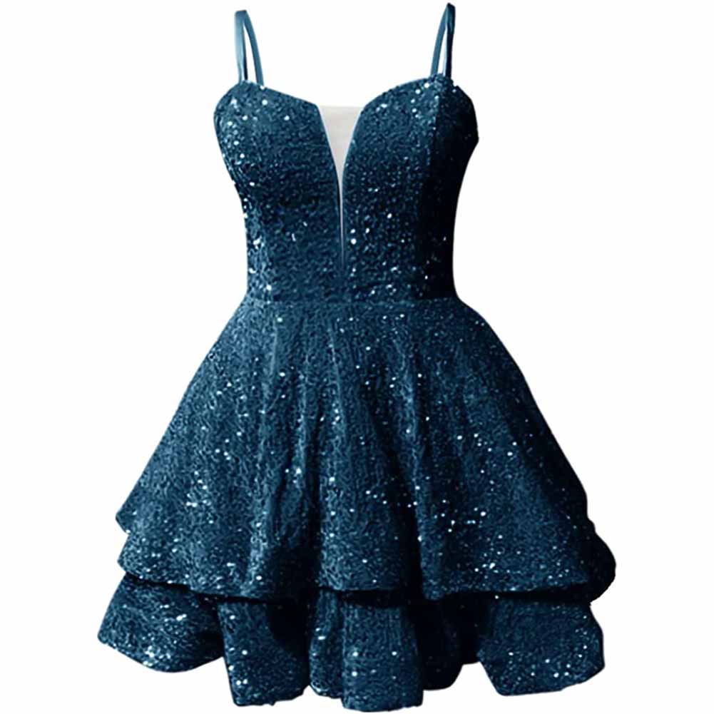 Sparkly short homecoming dress in navy with layered skirt and elegant design for special occasions