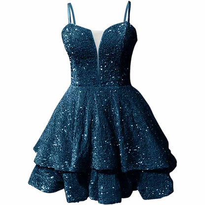 Sparkly short homecoming dress in navy with layered skirt and elegant design for special occasions