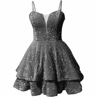 Stylish sparkly short homecoming dress with a flared silhouette and elegant design