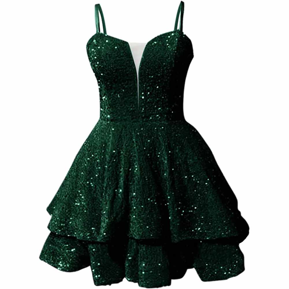 Sparkly short homecoming dress in deep green with layered skirt and spaghetti straps for a stylish look