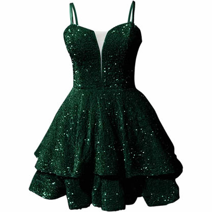 Sparkly short homecoming dress in deep green with layered skirt and spaghetti straps for a stylish look