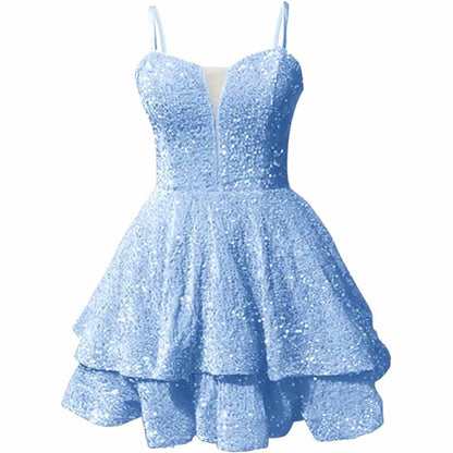 Sparkly short homecoming dress in blue with a layered skirt and adjustable straps
