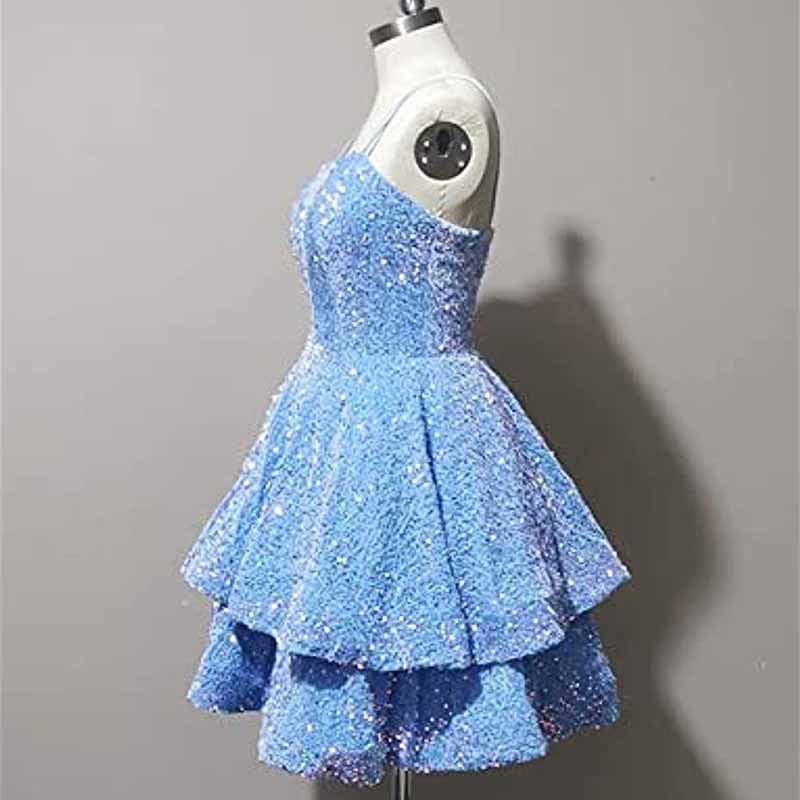 Sparkly short homecoming dress in light blue with tiered skirt and shimmering details