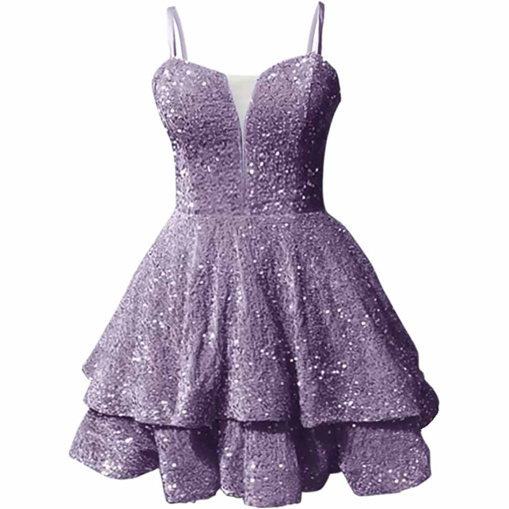 Sparkly short homecoming dress in purple with layered skirt and adjustable straps for a dazzling look