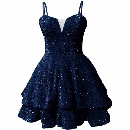 Navy blue sparkly short homecoming dress with a fitted bodice and layered skirt