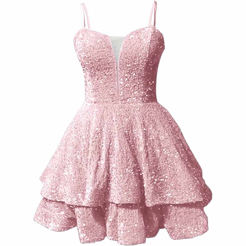 Sparkly short homecoming dress in pink with layered skirt and thin straps for a glamorous look