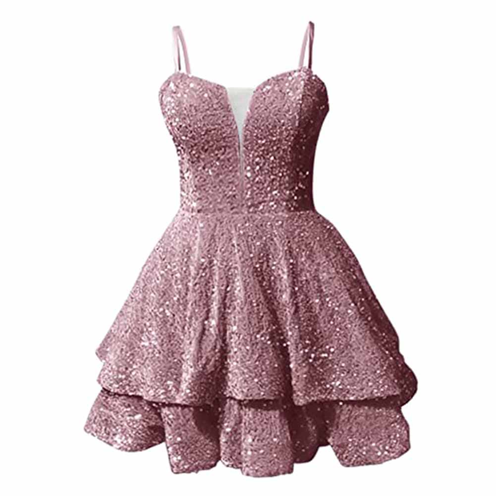 Sparkly short homecoming dress in light pink with layered skirt and spaghetti straps
