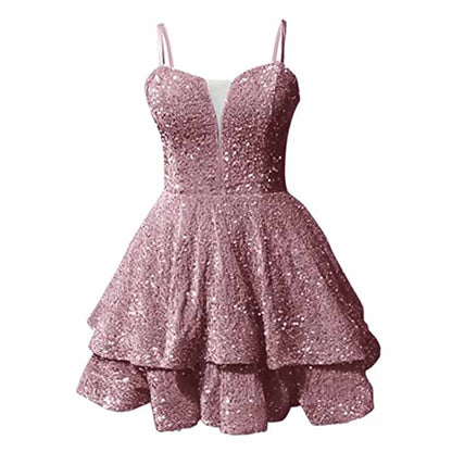 Sparkly short homecoming dress in light pink with layered skirt and spaghetti straps