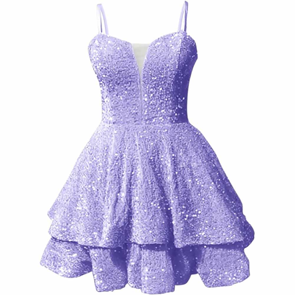 Sparkly short homecoming dress in light purple with layered skirt and adjustable straps