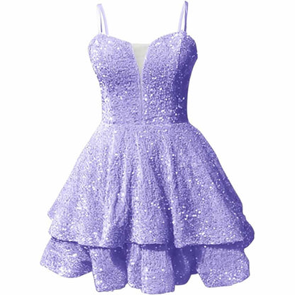 Sparkly short homecoming dress in light purple with layered skirt and adjustable straps