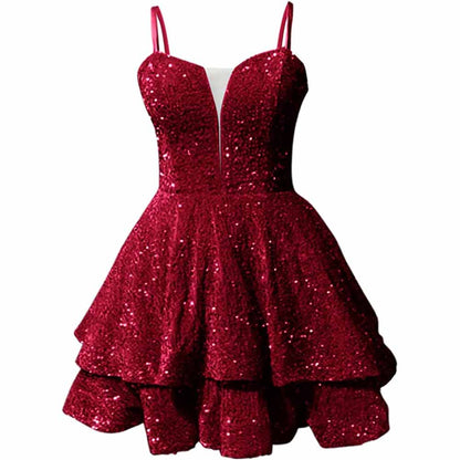 Sparkly short homecoming dress in burgundy with a v-neck and layered skirt design