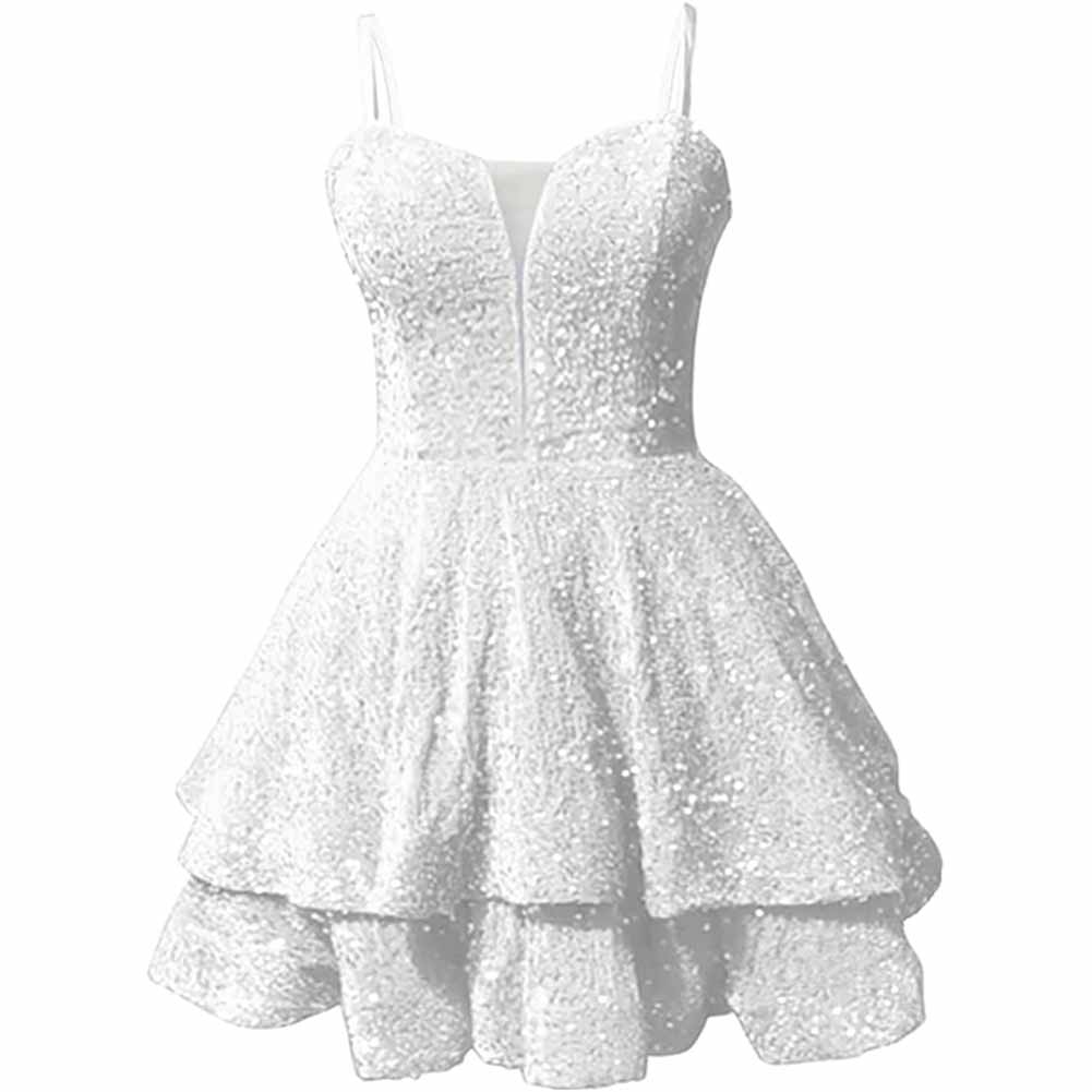 Sparkly short homecoming dress with a flared skirt and elegant neckline for special occasions
