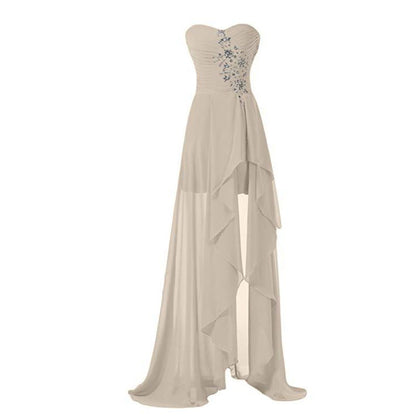 Elegant strapless bridesmaid dress long with flowy layers and floral embellishments
