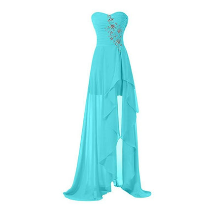 Turquoise strapless bridesmaid dress long with a flowy high-low hem and decorative embellishments