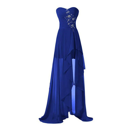 Elegant strapless bridesmaid dress long in royal blue with cascading layers and embellished bodice