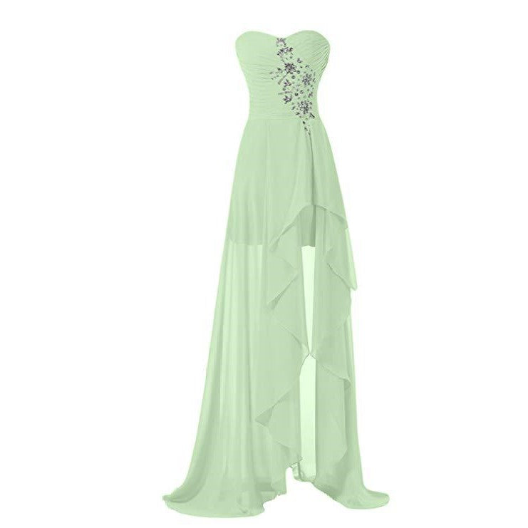 Elegant strapless bridesmaid dress long in mint green with flowing layers and embellishments