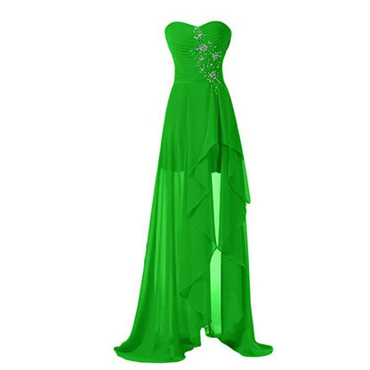 Green strapless bridesmaid dress long with elegant beading and cascading layers