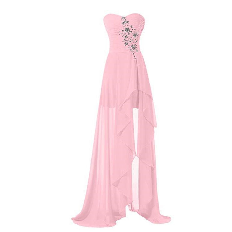 Pink strapless bridesmaid dress long with flowing layers and floral embellishments