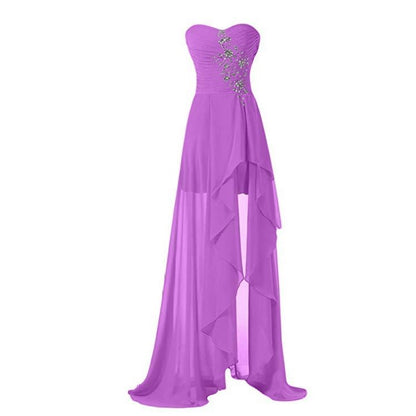 Elegant strapless bridesmaid dress long in purple with cascading ruffles and embellishments