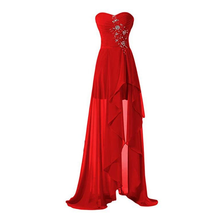 Stunning red strapless bridesmaid dress long with a flowy design and elegant embellishments