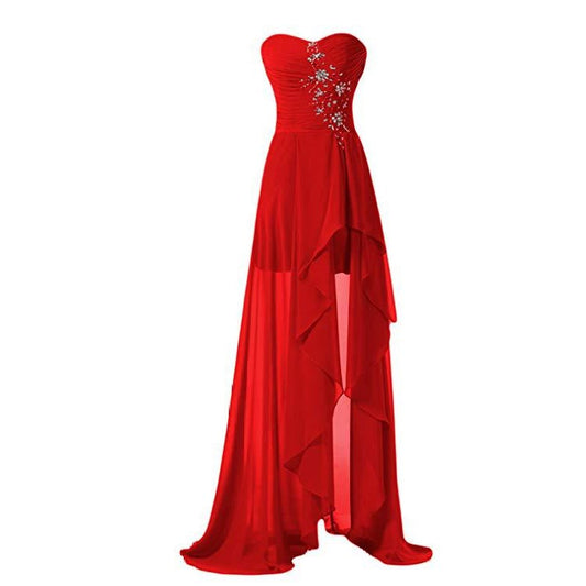 Stunning red strapless bridesmaid dress long with a flowy design and elegant embellishments