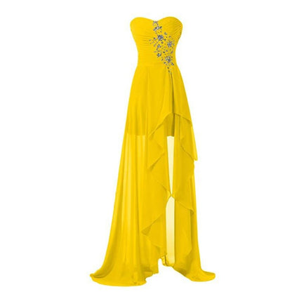 Bright yellow strapless bridesmaid dress long with floral embellishments and layered design