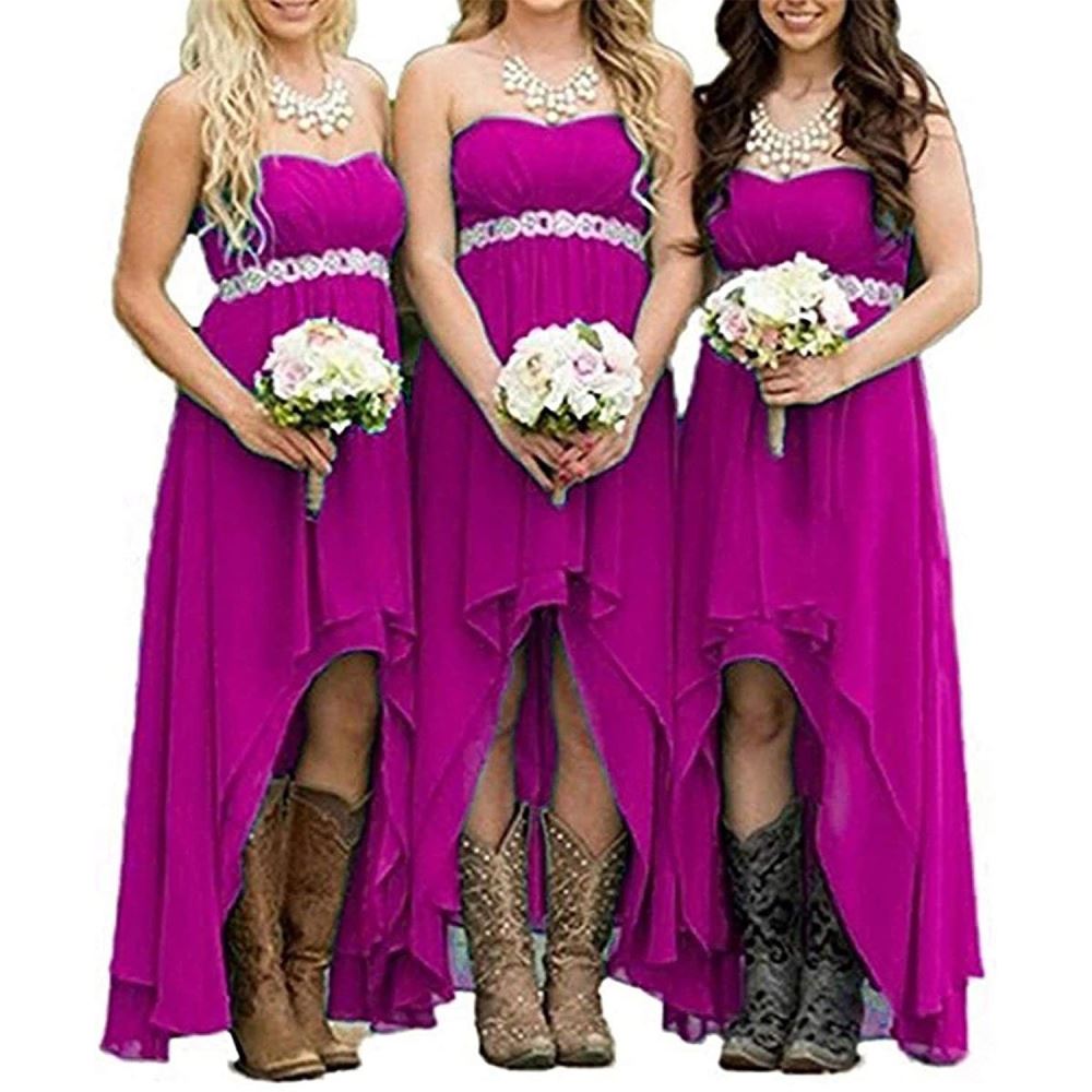 Three bridesmaids in vibrant purple strapless country wedding dress with high-low hemline and cowboy boots