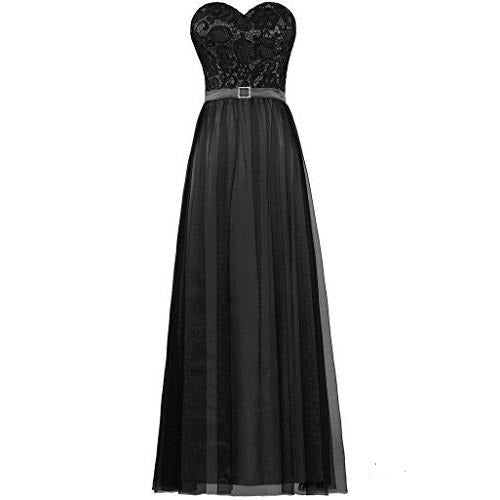 Elegant black strapless prom dress featuring a lace bodice and flowing tulle skirt with a silver belt