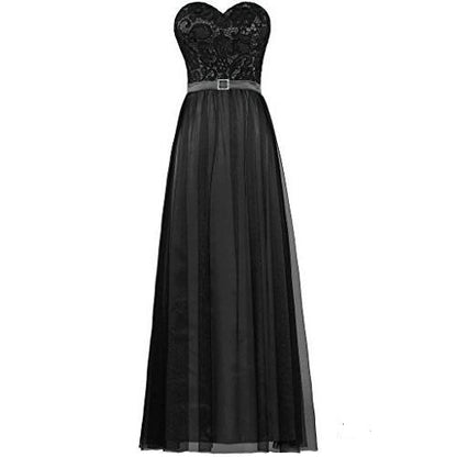 Elegant black strapless prom dress featuring a lace bodice and flowing tulle skirt with a silver belt