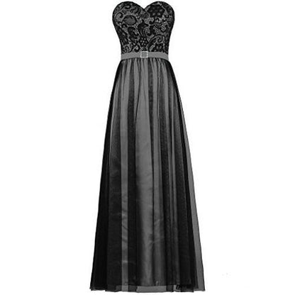 Elegant strapless prom dress in black with lace bodice and flowing skirt for formal occasions