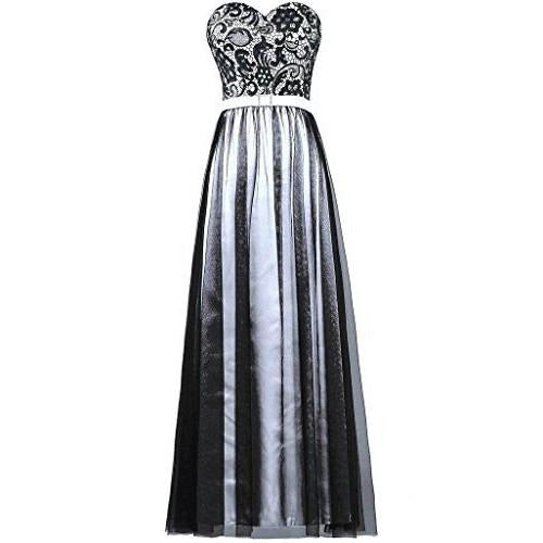Elegant strapless prom dress with black lace bodice and flowing silver skirt for formal occasions