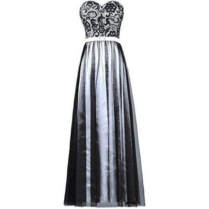Elegant strapless prom dress with black lace bodice and flowing silver skirt for formal occasions