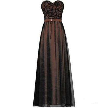 Elegant strapless prom dress featuring a black lace bodice and flowing brown skirt