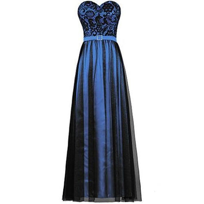 Elegant strapless prom dress featuring a blue bodice with intricate patterns and a flowing black skirt