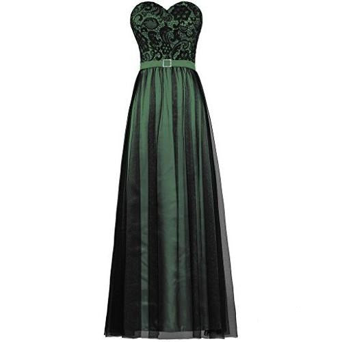 Elegant strapless prom dress featuring a lace bodice and flowing green skirt for formal occasions