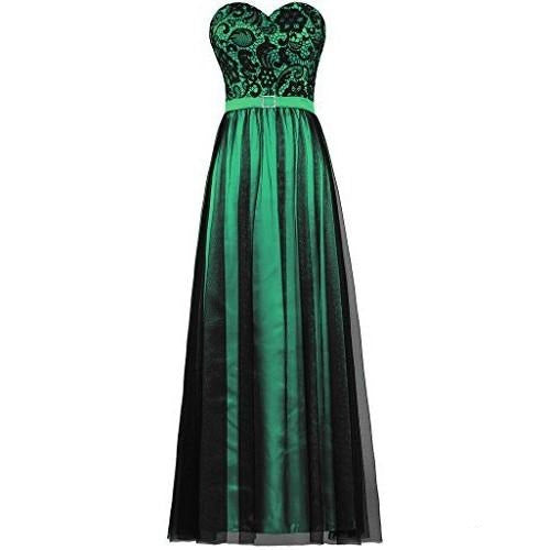Elegant green strapless prom dress with intricate lace detailing and flowing skirt for special occasions